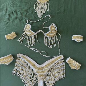 Gold and White Beaded Fringe Bikini Set - From Rio de Janeiro (carnaval)